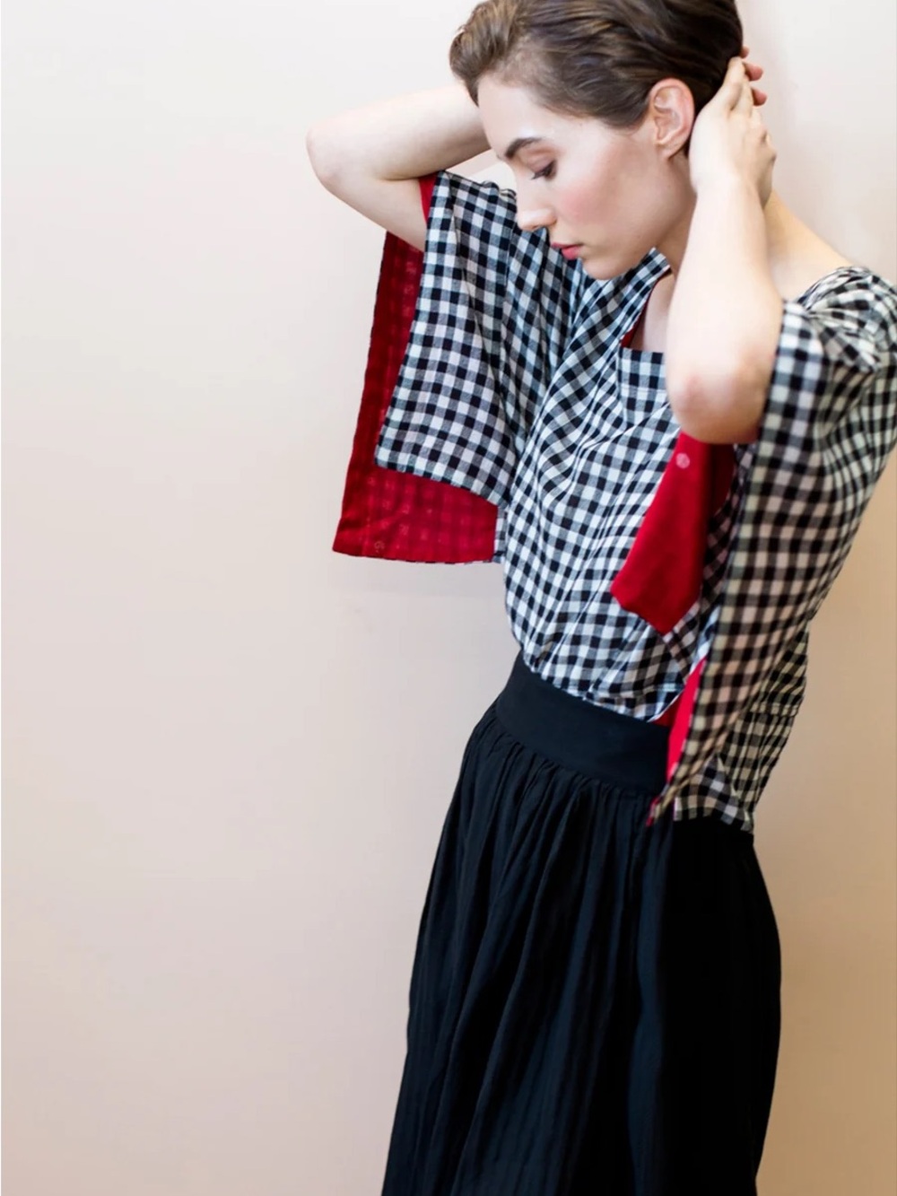Black & White Gingham Blouse with Red Accent